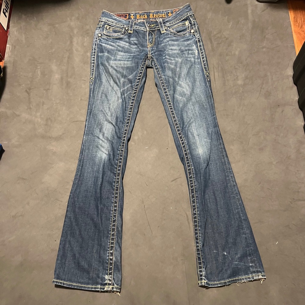 Rock Revival Jamie Bootcut Jeans Womens 27 Blue Rhinestone Flap Pocket - Picture 2 of 13